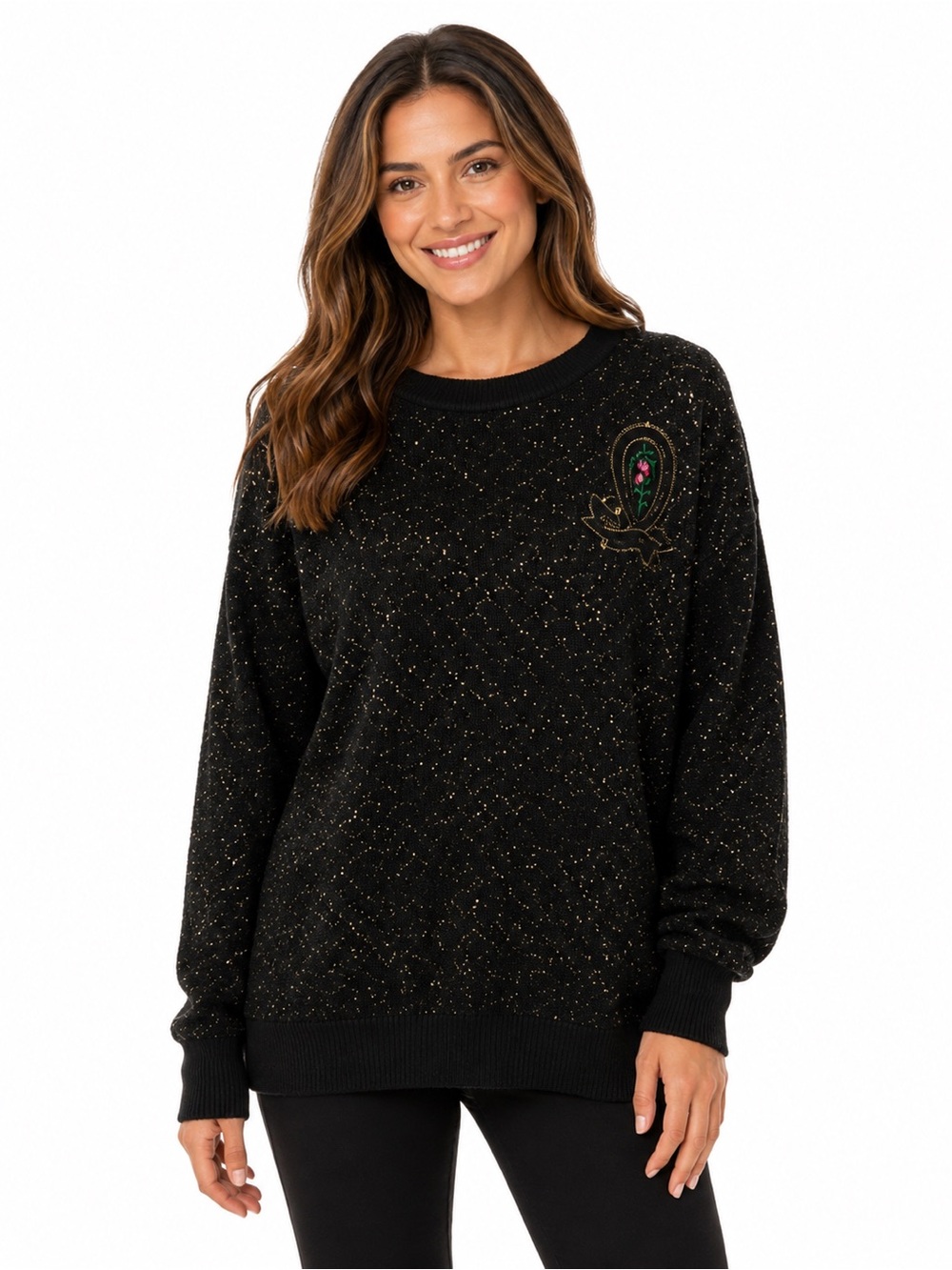 Vintage Black Metallic Thread Crewneck Sweater with Embroidered Detail